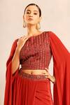 Buy_Sejal Kamdar_Red Silk, Crepe Embroidery, Cut Work Round Neck Ajrakh Cape Blouse And Skirt _Online