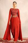 Shop_Sejal Kamdar_Red Silk, Crepe Embroidery, Cut Work Round Neck Ajrakh Cape Blouse And Skirt _Online