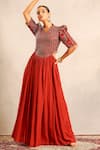 Buy_Sejal Kamdar_Red Crepe Embroidery, Patchwork V-neck Ajrakh And Stripwork Gathered Dress _Online_at_Aza_Fashions