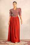 Buy_Sejal Kamdar_Red Crepe Embroidery, Patchwork V-neck Ajrakh And Stripwork Gathered Dress _at_Aza_Fashions