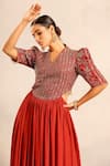 Shop_Sejal Kamdar_Red Crepe Embroidery, Patchwork V-neck Ajrakh And Stripwork Gathered Dress _Online_at_Aza_Fashions
