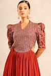 Sejal Kamdar_Red Crepe Embroidery, Patchwork V-neck Ajrakh And Stripwork Gathered Dress _at_Aza_Fashions