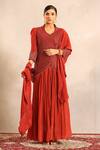 Buy_Sejal Kamdar_Red Organza, Crepe Embroidery, Beads, Zari V-neck Strip Overlap Jacket Set _at_Aza_Fashions