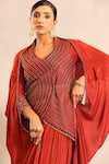 Sejal Kamdar_Red Organza, Crepe Embroidery, Beads, Zari V-neck Strip Overlap Jacket Set _at_Aza_Fashions