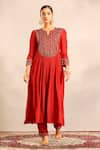 Sejal Kamdar_Red Crepe Embroidery Split V-neck Ajrakh Gathered Kurti And Pants _Online_at_Aza_Fashions