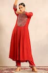 Buy_Sejal Kamdar_Red Crepe Embroidery Split V-neck Ajrakh Gathered Kurti And Pants _Online_at_Aza_Fashions