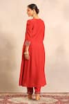 Shop_Sejal Kamdar_Red Crepe Embroidery Split V-neck Ajrakh Gathered Kurti And Pants _at_Aza_Fashions