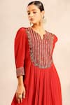 Shop_Sejal Kamdar_Red Crepe Embroidery Split V-neck Ajrakh Gathered Kurti And Pants _Online_at_Aza_Fashions