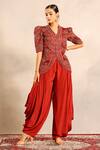 Buy_Sejal Kamdar_Red Patchwork, Embroidery V-neck Ajrakh Embellished Jacket And Cowl Pant _at_Aza_Fashions