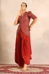 Sejal Kamdar_Red Patchwork, Embroidery V-neck Ajrakh Embellished Jacket And Cowl Pant _at_Aza_Fashions
