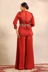 Sejal Kamdar_Red Embroidery V-neck Ajrakh Patchwork Peplum Jacket And Flared Pant _Online_at_Aza_Fashions