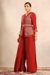 Buy_Sejal Kamdar_Red Embroidery V-neck Ajrakh Patchwork Peplum Jacket And Flared Pant _Online_at_Aza_Fashions