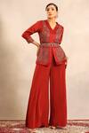 Buy_Sejal Kamdar_Red Embroidery V-neck Ajrakh Patchwork Peplum Jacket And Flared Pant _at_Aza_Fashions