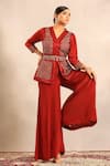 Shop_Sejal Kamdar_Red Embroidery V-neck Ajrakh Patchwork Peplum Jacket And Flared Pant _Online_at_Aza_Fashions