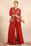 Buy_Sejal Kamdar_Red Embroidery V-neck Ajrakh Patchwork Peplum Jacket And Flared Pant 