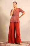 Buy_Sejal Kamdar_Red Embroidery V-neck Ajrakh Peplum Top And Pant Set _at_Aza_Fashions
