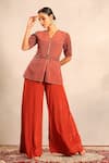 Buy_Sejal Kamdar_Red Embroidery V-neck Ajrakh Peplum Top And Pant Set _Online_at_Aza_Fashions