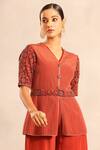 Sejal Kamdar_Red Embroidery V-neck Ajrakh Peplum Top And Pant Set _at_Aza_Fashions