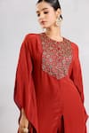 Buy_Sejal Kamdar_Maroon Crepe Embroidery Round Neck Ajrakh Yoke Kaftan And Pants _Online_at_Aza_Fashions