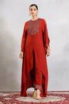Shop_Sejal Kamdar_Maroon Crepe Embroidery Round Neck Ajrakh Yoke Kaftan And Pants _Online_at_Aza_Fashions