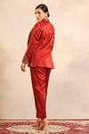 Shop_Sejal Kamdar_Maroon Silk, Shantoon Embroidery Square Neck Ajrakh Blazer, Blouse And Pant Set _at_Aza_Fashions