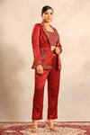 Shop_Sejal Kamdar_Maroon Silk, Shantoon Embroidery Square Neck Ajrakh Blazer, Blouse And Pant Set _Online_at_Aza_Fashions