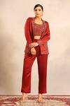 Buy_Sejal Kamdar_Maroon Silk, Shantoon Embroidery Square Neck Ajrakh Blazer, Blouse And Pant Set _at_Aza_Fashions