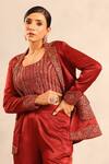 Sejal Kamdar_Maroon Silk, Shantoon Embroidery Square Neck Ajrakh Blazer, Blouse And Pant Set _at_Aza_Fashions