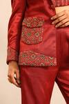 Buy_Sejal Kamdar_Maroon Silk, Shantoon Embroidery Square Neck Ajrakh Blazer, Blouse And Pant Set 
