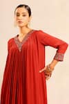 Sejal Kamdar_Red Crepe Embroidery V-neck Gathered Kurta And Pant Set _Online_at_Aza_Fashions