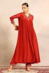 Buy_Sejal Kamdar_Red Crepe Embroidery V-neck Gathered Kurta And Pant Set _at_Aza_Fashions