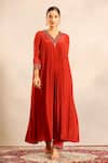 Buy_Sejal Kamdar_Red Crepe Embroidery V-neck Gathered Kurta And Pant Set _Online_at_Aza_Fashions