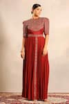 Buy_Sejal Kamdar_Maroon Crepe, Silk Embroidery Round Neck Ajrakh Embellished Yoke Gathered Dress _at_Aza_Fashions