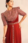 Shop_Sejal Kamdar_Maroon Crepe, Silk Embroidery Round Neck Ajrakh Embellished Yoke Gathered Dress _Online_at_Aza_Fashions