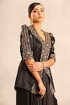 Buy_Sejal Kamdar_Black Shantoon Embroidery V-neck Ajrakh Jacket And Drape Skirt _Online_at_Aza_Fashions