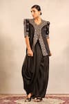Shop_Sejal Kamdar_Black Shantoon Embroidery V-neck Ajrakh Jacket And Drape Skirt _Online_at_Aza_Fashions
