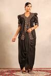 Buy_Sejal Kamdar_Black Shantoon Embroidery V-neck Ajrakh Jacket And Drape Skirt _at_Aza_Fashions