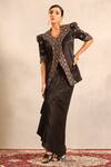 Sejal Kamdar_Black Shantoon Embroidery V-neck Ajrakh Jacket And Drape Skirt _at_Aza_Fashions