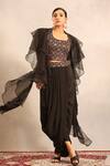 Shop_Sejal Kamdar_Black Crepe, Organza Beads, Ajrakh Embellished Blouse And Drape Skirt Set _Online_at_Aza_Fashions