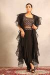 Sejal Kamdar_Black Crepe, Organza Beads, Ajrakh Embellished Blouse And Drape Skirt Set _at_Aza_Fashions