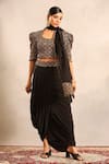 Shop_Sejal Kamdar_Black Crepe Pom-poms, Piping, Tassels Ajrakh Blouse, Dhoti Skirt And Dupatta Set _Online_at_Aza_Fashions