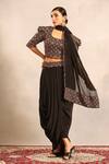 Buy_Sejal Kamdar_Black Crepe Pom-poms, Piping, Tassels Ajrakh Blouse, Dhoti Skirt And Dupatta Set _at_Aza_Fashions