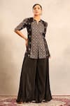 Shop_Sejal Kamdar_Black Patchwork Split V-neck Ajrakh Peplum Jacket And Flared Pant _Online_at_Aza_Fashions