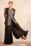 Sejal Kamdar_Black Patchwork Split V-neck Ajrakh Peplum Jacket And Flared Pant _at_Aza_Fashions