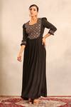 Sejal Kamdar_Black Crepe Embroidery Round Ajrakh Gathered Dress With Cut Pipe Embellishment _Online_at_Aza_Fashions
