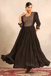 Buy_Sejal Kamdar_Black Crepe Embroidery Round Ajrakh Gathered Dress With Cut Pipe Embellishment _at_Aza_Fashions