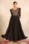 Buy_Sejal Kamdar_Black Crepe Embroidery Round Ajrakh Gathered Dress With Cut Pipe Embellishment _Online_at_Aza_Fashions