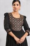 Shop_Sejal Kamdar_Black Crepe Embroidery Round Ajrakh Gathered Dress With Cut Pipe Embellishment _Online_at_Aza_Fashions