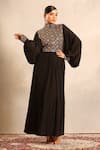 Buy_Sejal Kamdar_Black Crepe Embroidery High Neck Ajrakh Embellished Yoke Butterfly Sleeve Dress _Online_at_Aza_Fashions