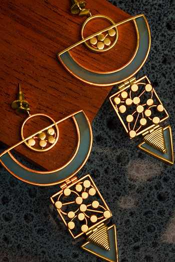 Shop_Suhani Pittie_Gold Plated Semi Circular Acrylic Arc And Dotted Coil Drop Earrings _at_Aza_Fashions